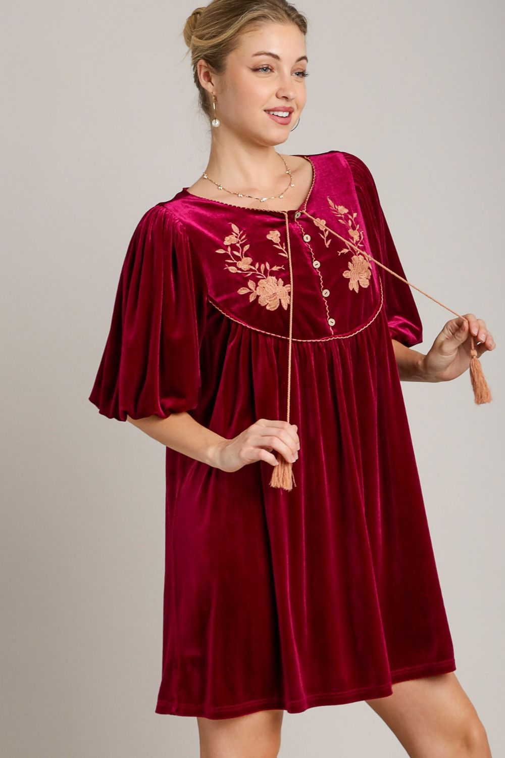 Embroidered Half Sleeve Velvet Mini Dress with Tassel For Women – Luxurious Velvet Dress, Embroidered Tassel Mini Dress, Elegant Party Dress Stevvex