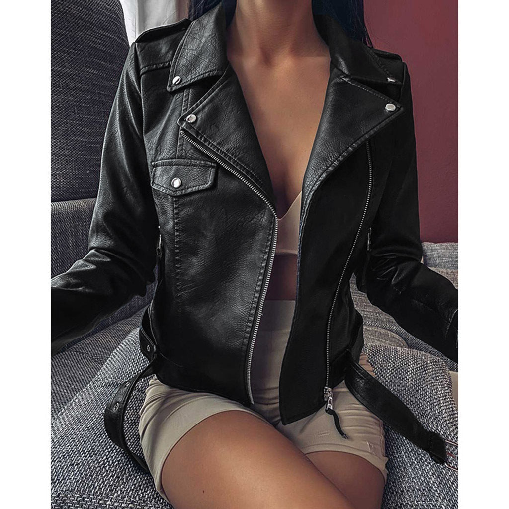 Plus Size Women's Short Coat PU Motorcycle Clothing Slim Winter Leather Jacket Pi-Mart