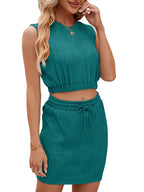 Wave Pattern Design Suit For Women Round Neck Sleeveless Top And Drawstring Design Short Skirt Fashion 2-piece Set Summer Clothing Pi-Mart