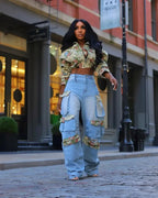 BWQ Washed Denim Women's Set Full Sleeve Floral Jacket and Pockets Cargo Jeans Pants Suit 2025 Street Two 2 Piece Set Outfit Purplish Diva