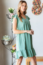 Full Size Short Sleeve V Neck Ruffled Hem Dress For Summer – Feminine Ruffled Hem Dress, Chic V Neck Dress, Stylish Short Sleeve Dress, Elegant Ruffled Dress, Flattering Ruffled Hem Dress, Comfortable V Neck Dress, Versatile Short Sleeve Dress