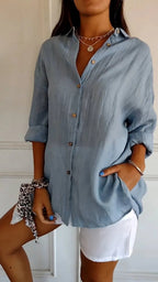 Lapel Long Sleeve Shirt Women's Single-breasted Pleated Shirt Pi-Mart