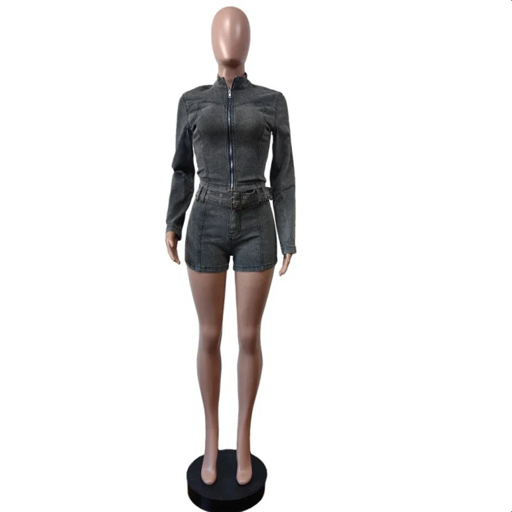 Sexy Denim Womens 2 Two Piece Set Stretchy Long Sleeve Zip Up Slim Jackets and Shorts Suits Y2k Streetwear Belt Jean Outfit Sets Purplish Diva