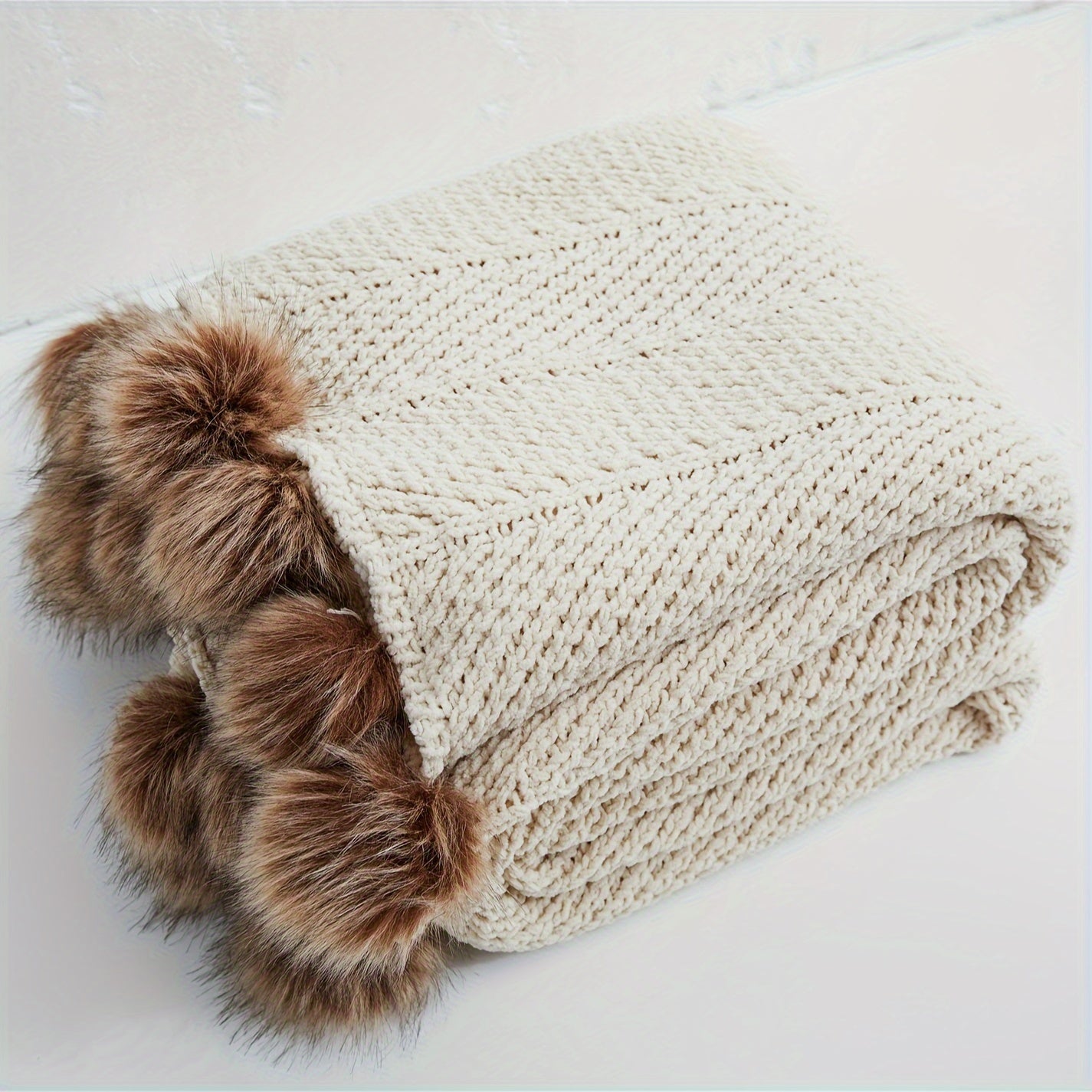 Vintage Chunky Knit Throw Blanket with Pom-pom Embellishment, Space Theme, All Seasons Polyester Cover, Knitted Casual Office Living Room Bedroom Nap Sofa Bed End Blanket 1PC Lootquake LLC