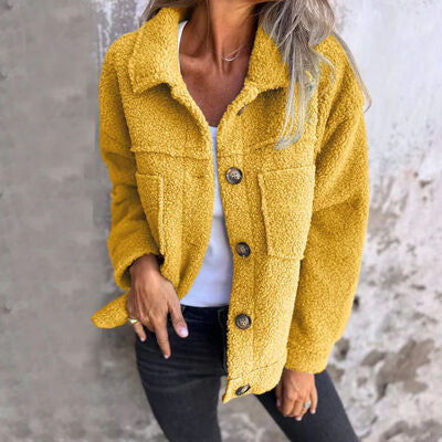 Comfortable Modern Women Full Size Fuzzy Button-Up Jacket with Drop Shoulder and Pockets Stevvex
