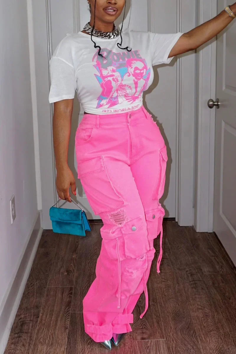 Plus Size Cargo Denim Jeans Pockets Buttons Women Fashion Jeans Pant High Waist Casual Streetwear Vintage Hip Hop Trousers Pant Purplish Diva