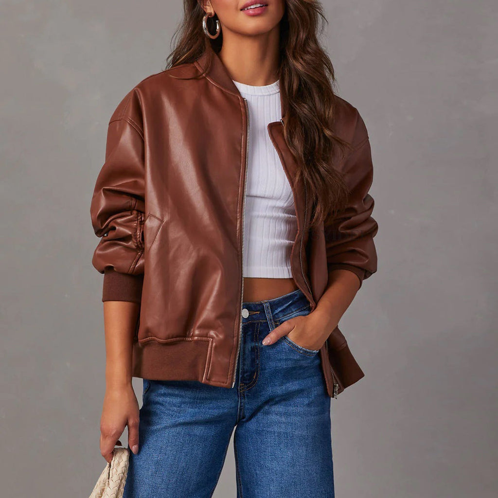 Leather Baseball Uniform Jacket Long-sleeved Motorcycle Jacket Leather Coat Pi-Mart