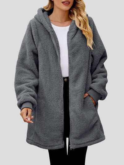 Comfortable Fuzzy Pocketed Zip-Up Long Sleeve Hooded Jacket Cozy & Warm Soft Outerwear For Winter Stevvex