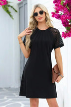 Navy Blue Contrast Lace Raglan Sleeve Pleated Mini Dress