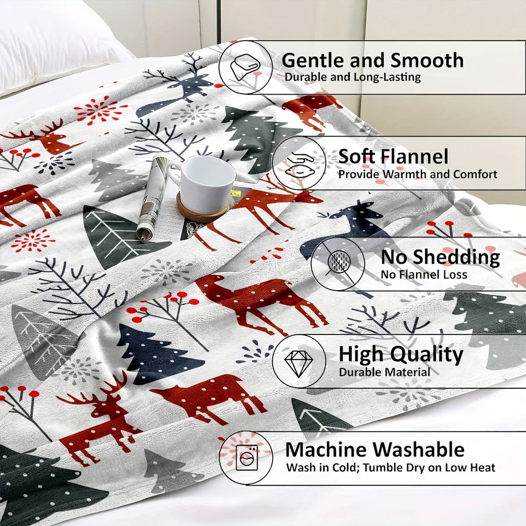 1pc Throw Blanket, Christmas Theme Deer Pattern Printed Blanket, Warm Cozy Soft Blanket For Couch Bed Sofa Car Office Camping Travelling, Gift Blanket Suitable For All Seasons Lootquake LLC