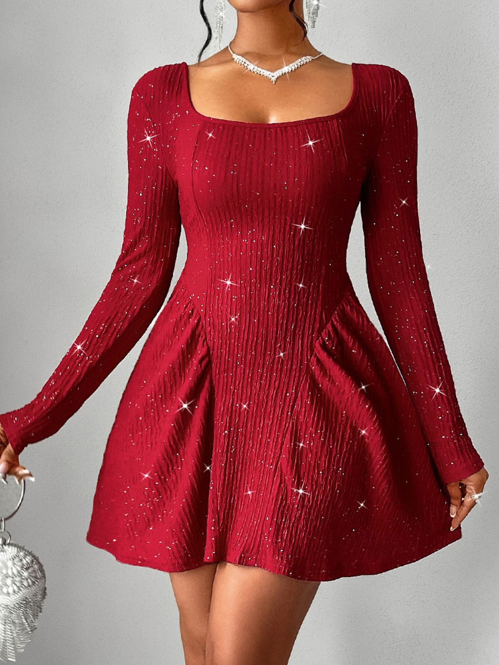 Luxury Glamorous Backless Glitter Dress Mini Dress Square Neck Long Sleeve Deep Red Dress Stevvex