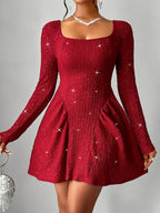 Luxury Glamorous Backless Glitter Dress Mini Dress Square Neck Long Sleeve Deep Red Dress Stevvex