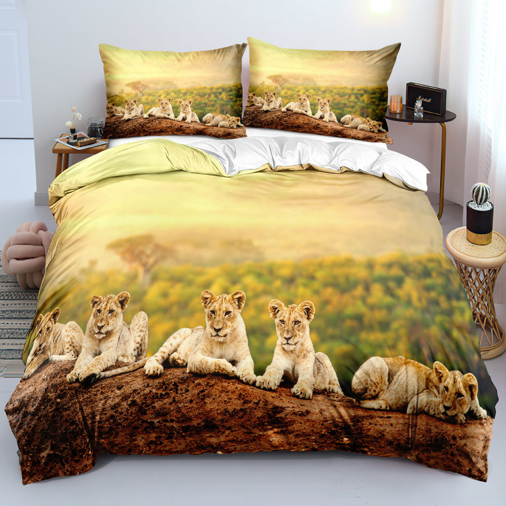 Lion Duvet Cover Bed Sheet Pillow Three Piece Bedding Set Pi-Mart