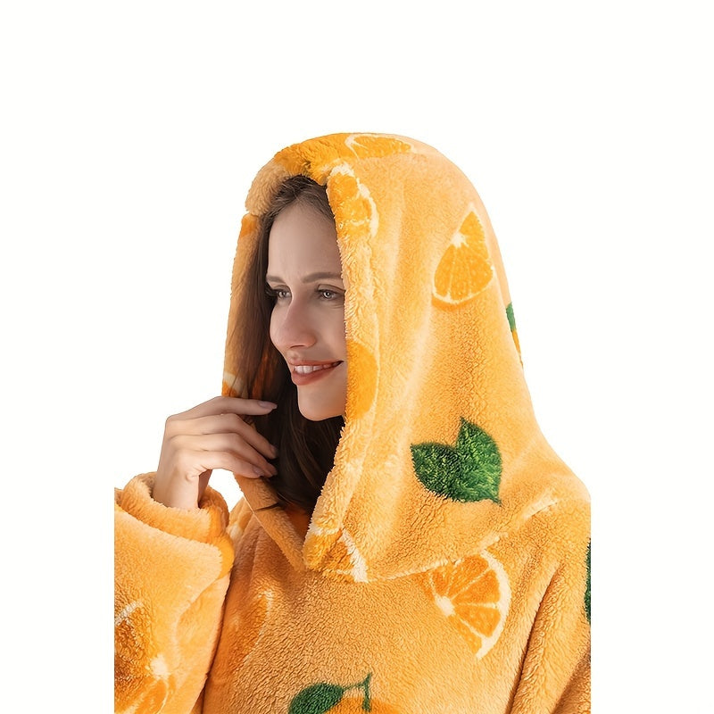 Plus Size Pumpkin Print Flannel Blanket Hoodie - Soft, Cozy, Plush, Hooded, Winter Outwear for Women with Halloween Theme Lootquake LLC