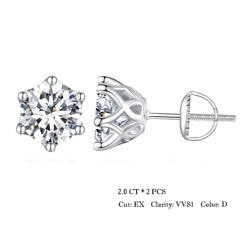 2Ct Moissanite Round Stud Earrings VVS1 D Color S925 Sterling Silver Screw Back BandsCo Straps