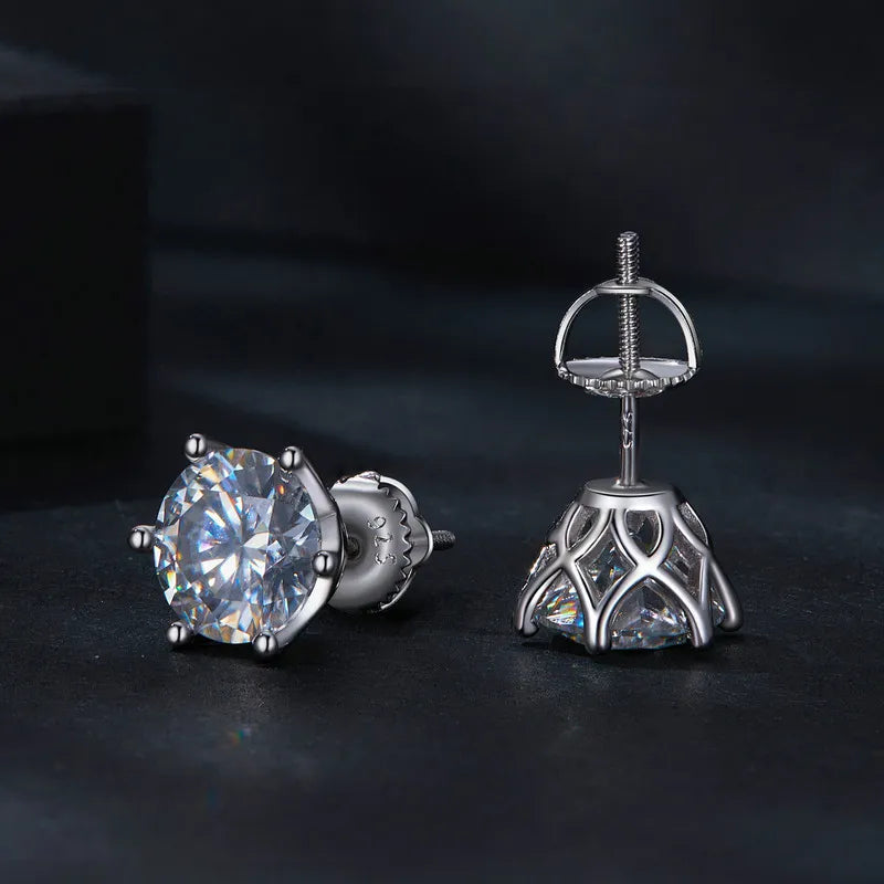 2Ct Moissanite Round Stud Earrings VVS1 D Color S925 Sterling Silver Screw Back BandsCo Straps