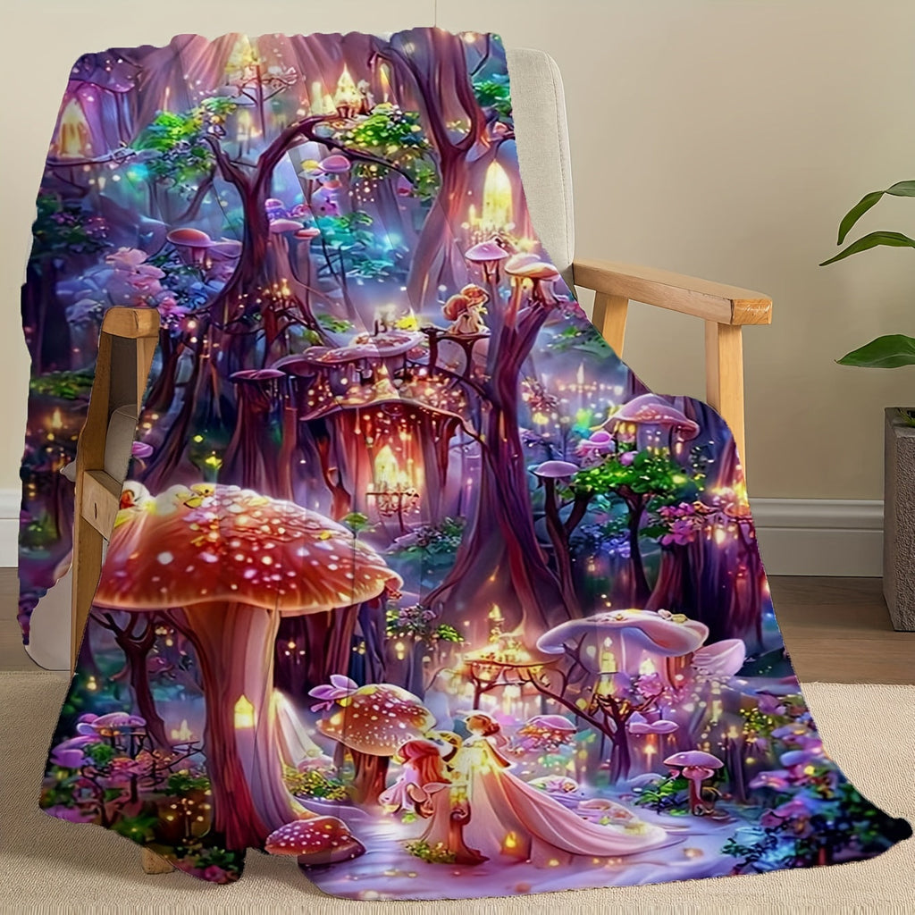 Whimsical Fantasy Mushroom Castle Throw Blanket - Soft, Reversible, and Vibrant Polyester Knit Bedding with Unique Embellishments, All-Season Multipurpose Design, and Flower Patterned Reverse Side Lootquake LLC