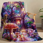 Whimsical Fantasy Mushroom Castle Throw Blanket - Soft, Reversible, and Vibrant Polyester Knit Bedding with Unique Embellishments, All-Season Multipurpose Design, and Flower Patterned Reverse Side Lootquake LLC