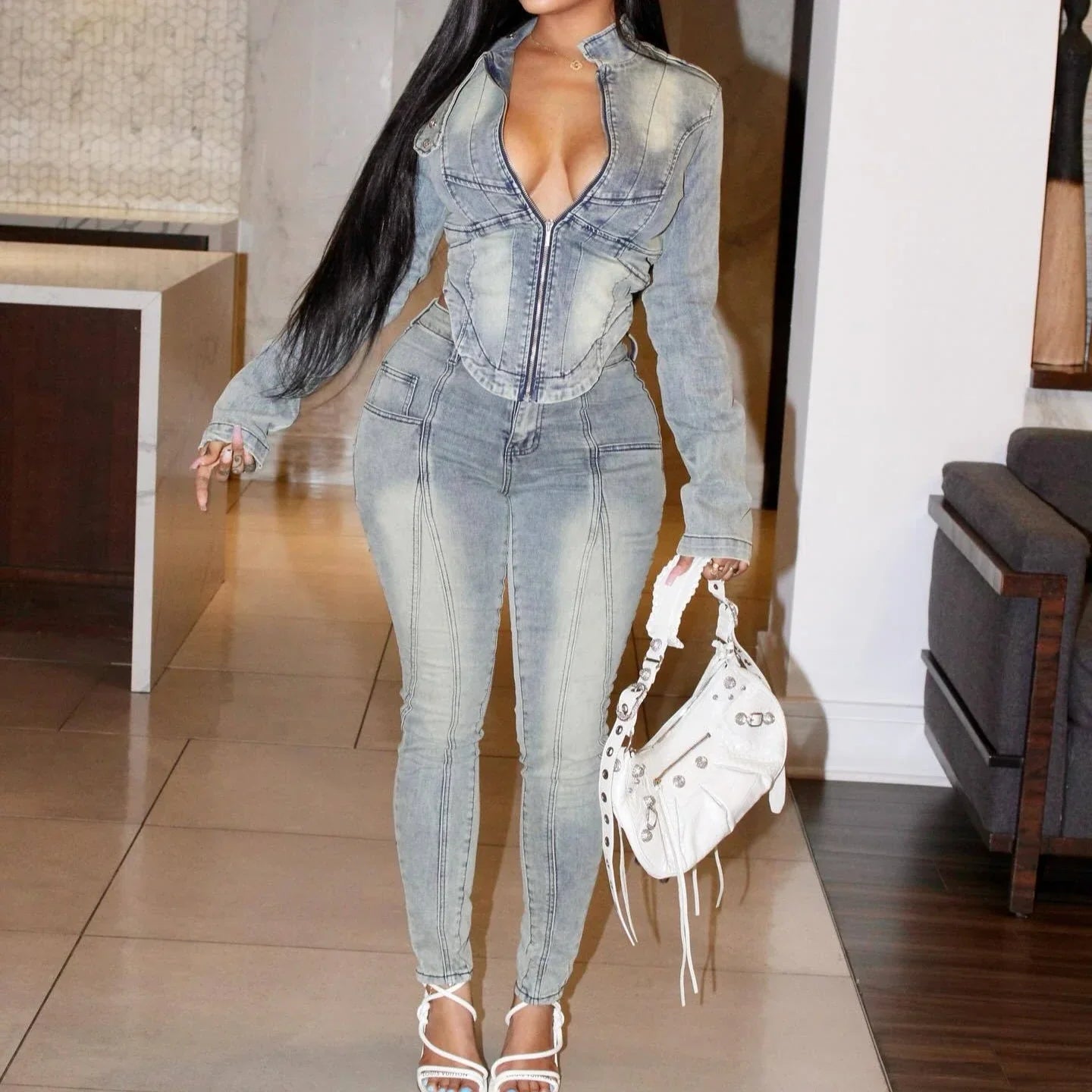 Denim Pant Set Women Two Piece Sets Matching Sets Zipper Short Tops Coats Long Pants High Waist Slim Fit Y2k Streetwear 2025 Purplish Diva