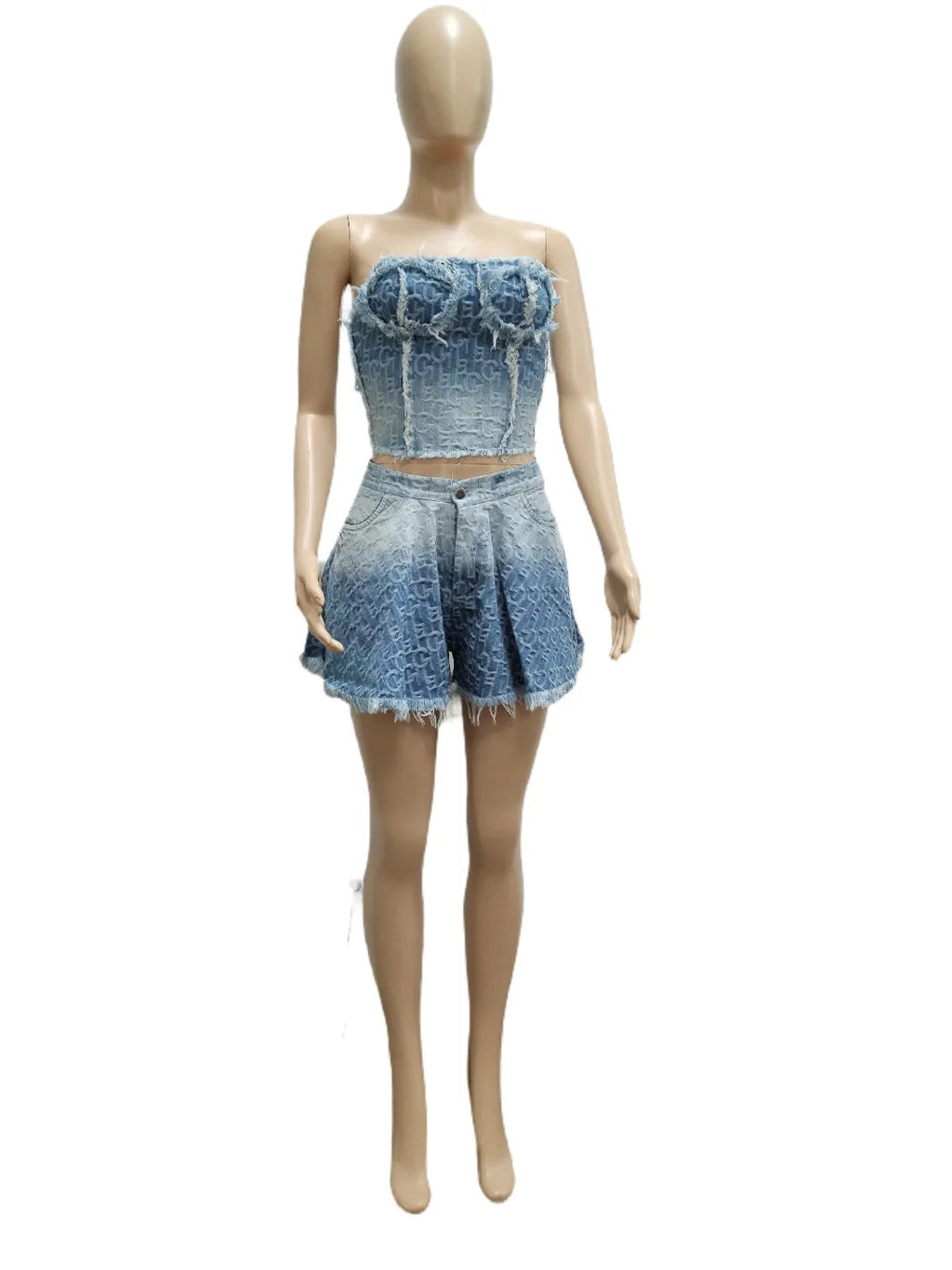 Denim Women Skirts Suit Sexy Strapless Short Tops Print Ensemble Backless Pockets Hem Skirt Female Streetwear 2 Piece Sets Purplish Diva
