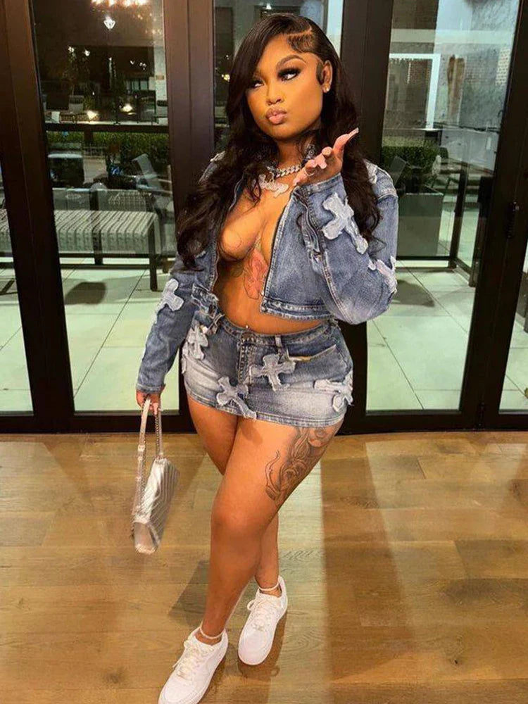 2 Piece Denim Sets Womens Outfits Spring Long Sleeve Zipper Jacket and Mini Skirt Set Sweet Sexy Outfits Wholesale Dropshipping Purplish Diva