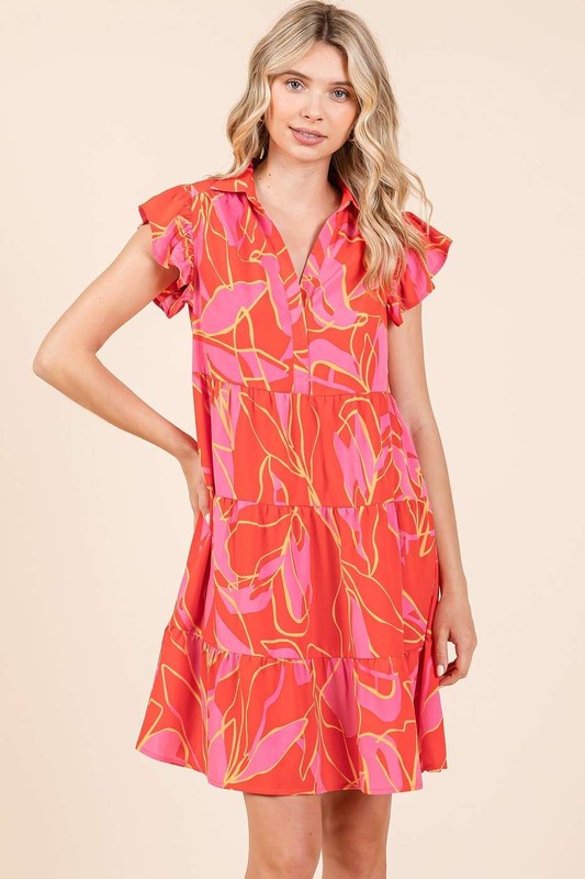 Leaf Print Ruffle Sleeve Tiered Mini Dress For Summer – Fluttering, Playful and Feminine Dress with Layered Details Stevvex