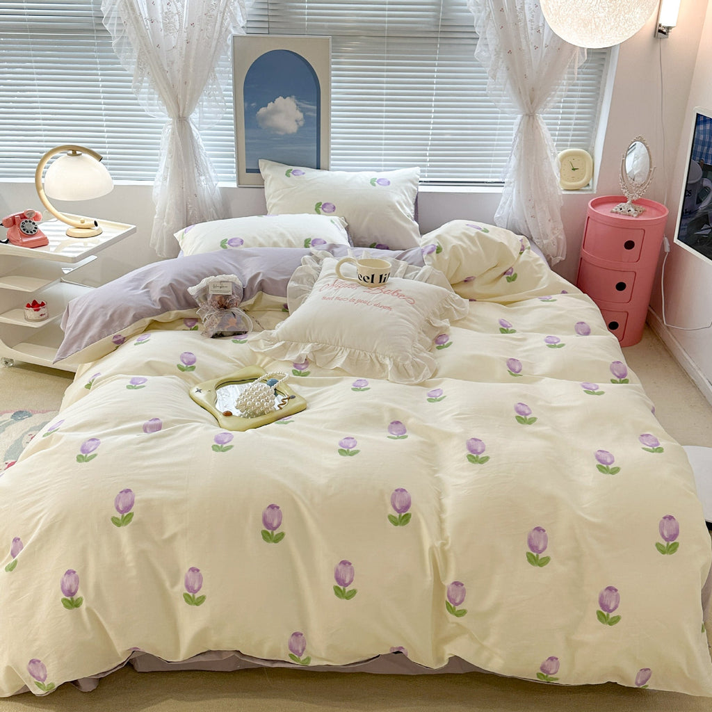 Cute Floral Rabbit Cotton Four-piece Set Pastoral Cotton Quilt Cover Bed Sheet Three-piece Set Pi-Mart