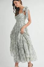 Floral Bust Ruched Midi Dress with Shoulder Tie For Women – Ruched Midi Dress For Summer, Floral Bust Dress, Shoulder Tie Dress, Feminine Midi Dress, Chic Event Dress