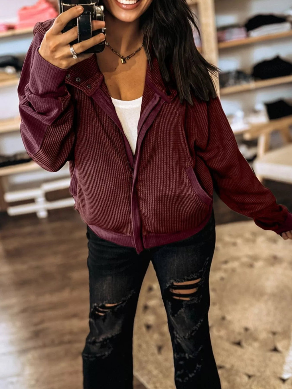 Waffle Zip Up Hooded Jacket with Pockets THRIXINE