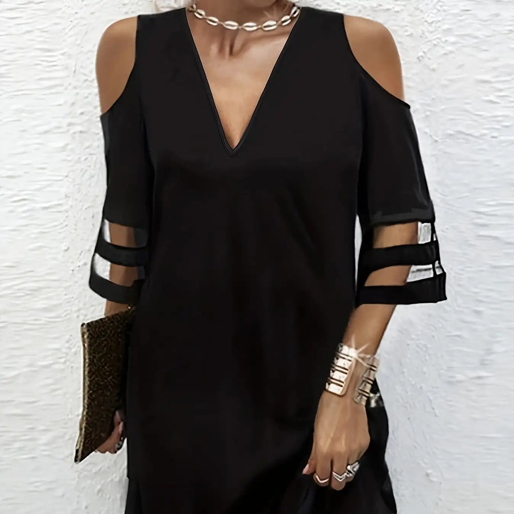 Ladies' Abstract Printed Color Blocked Off Shoulder Contrasting Mesh Casual Dress - SJB-DIAMOND ELITES