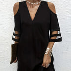 Ladies' Abstract Printed Color Blocked Off Shoulder Contrasting Mesh Casual Dress - SJB-DIAMOND ELITES