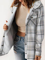 Plaid Snap Down Plush Hooded Jacket Soft & Warm Women Outerwear Cozy And Comfortable Jacket
