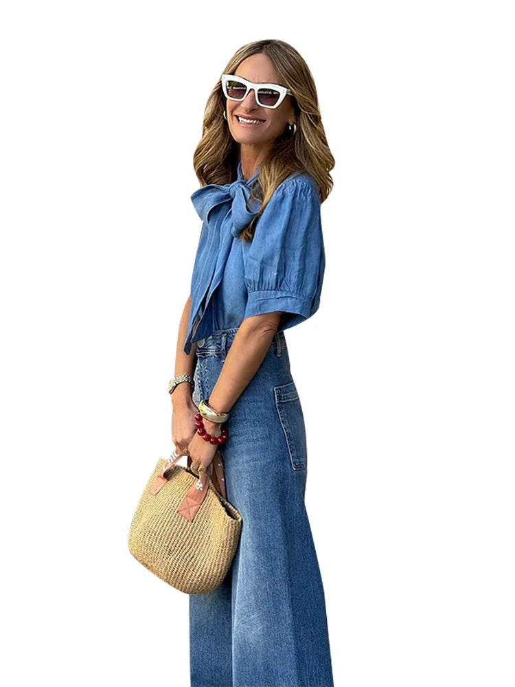 Chic Vintage Bow Lace Women Denim Shirts Pants Sets Baggy Ruff Sleeves Lady Tops Jeans Casual Office Work Elegant Fashion Suits Purplish Diva