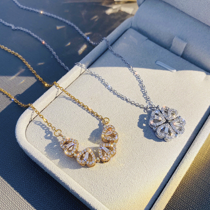 Retro Magnetic Folding Heart Shaped Four Leaf Clover Pendant Necklace Women Love Clavicle Chain Gifts Openable Choker Jewelry Pi-Mart