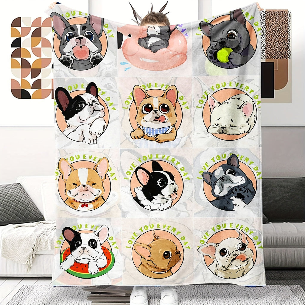 1pc Cute French Bulldog Gentle Blanket Soft Cozy Throw Blanket Nap Blanket Travel Couch Bed Office Home Decor, Gift Blanket, Available All Seasons