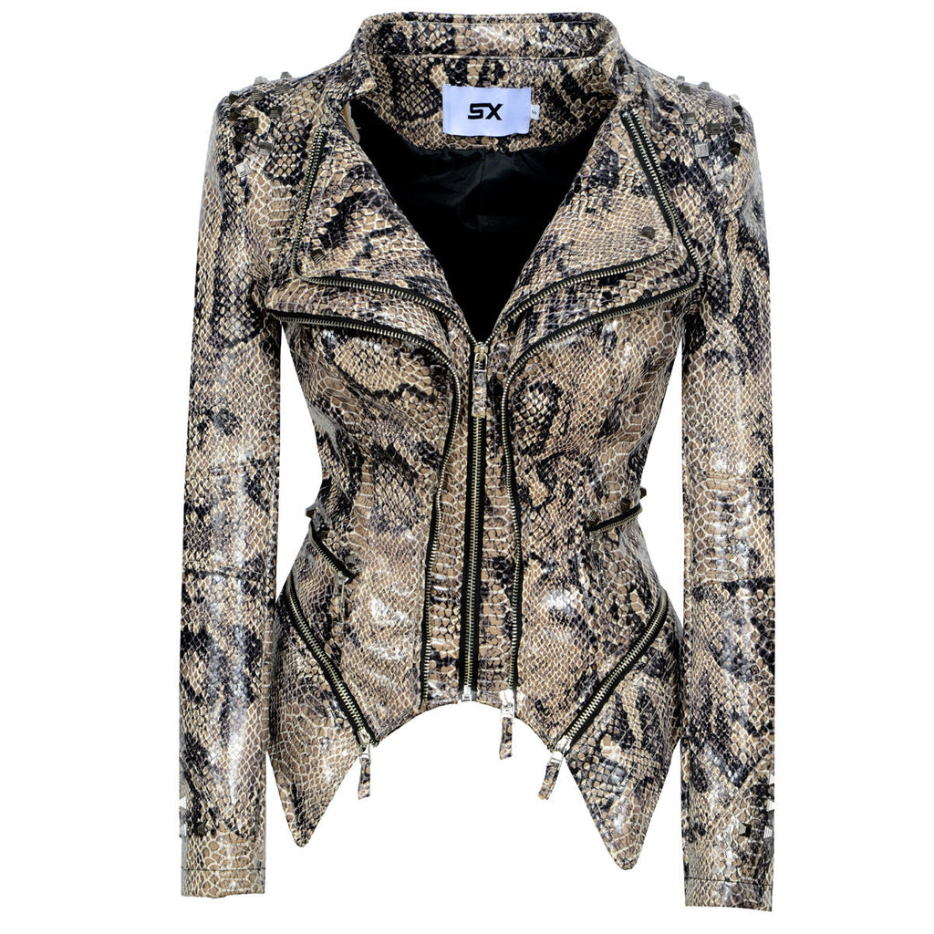 Women's Rivet Slim Washed Leather Motorcycle Jacket Pi-Mart