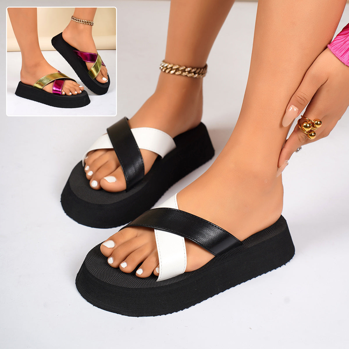 Crossed-straped Thick Bottom Slippers Summer Casual Seaside Vacation Beach Shoes For Women Fashion Sandals Pi-Mart