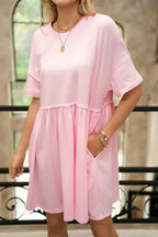 Sky Blue Solid Color Pocket Raw Edge Babydoll Dress