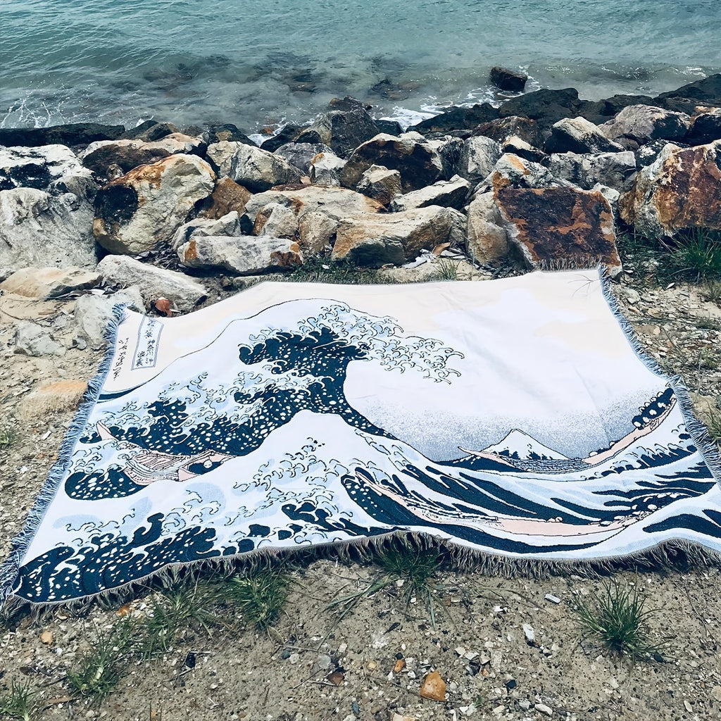 1pc Japanese Sea Wave Woven Double-sided Multi-functional Blanket, Bohemian Tapestry Hippie Room Decoration Geometric Blanket, Tassel Woven Blanket, Sofa Blanket Outdoor Hiking Backpacking Beach Travel Decoration Blanket, Wov