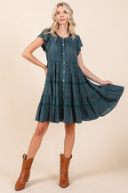 Lace Detail Ruffled Button Down Tiered Dress For Women – Romantic and Feminine Dress with Delicate Lace and Flowing Tiers