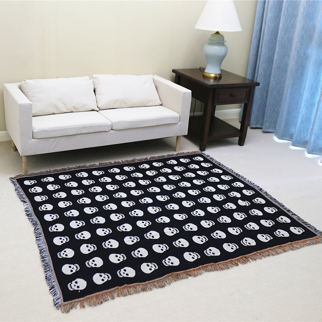Bohemian Knitted Halloween White Skull Head Printed Tassel Blanket, Suitable For Camping, Casual Picnic Lootquake LLC