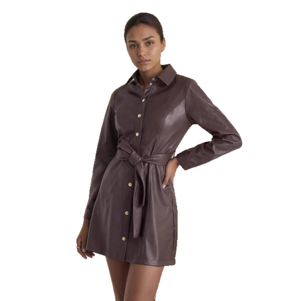 Belted Long-sleeve Leather Trench Fashionable Women's Coat Pi-Mart