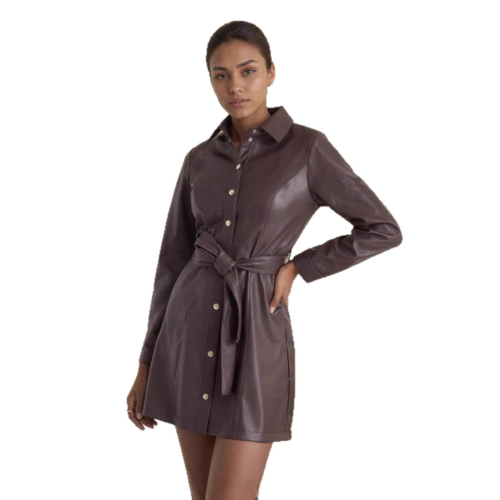 Belted Long-sleeve Leather Trench Fashionable Women's Coat Pi-Mart