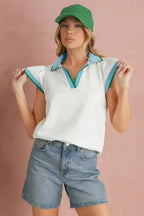 Beau Blue Color Collared V Neck Ruffle Sleeve Blouse | Femstylo
