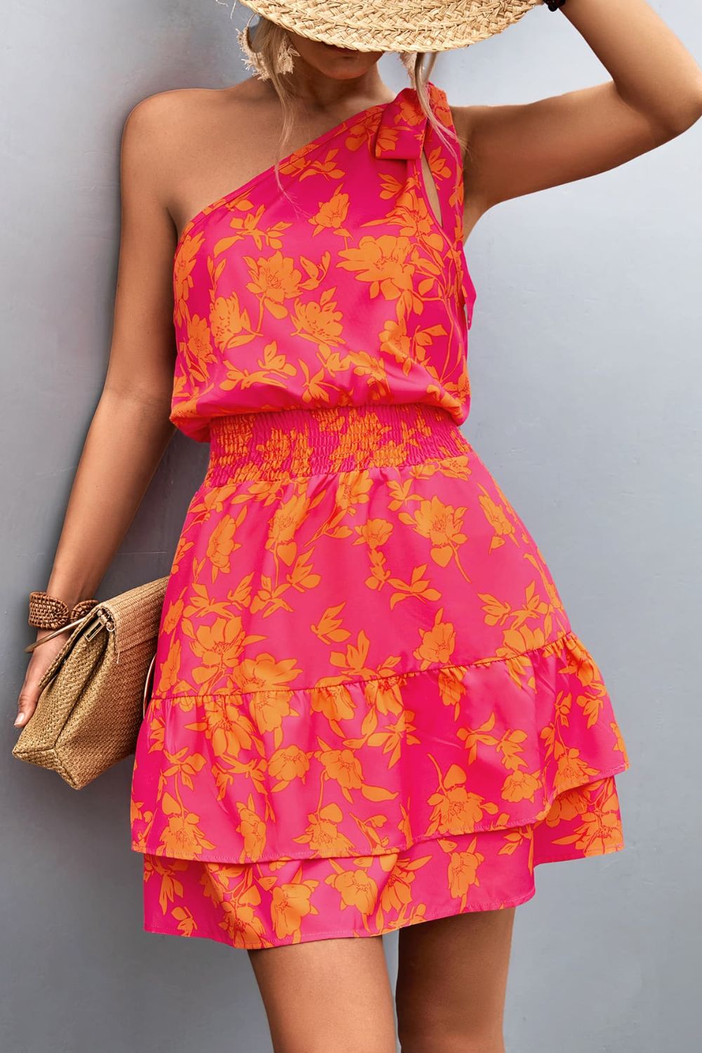 Pink Smocked Printed Single Shoulder Dress Feminine & Flattering Summer Style Dresses Stevvex