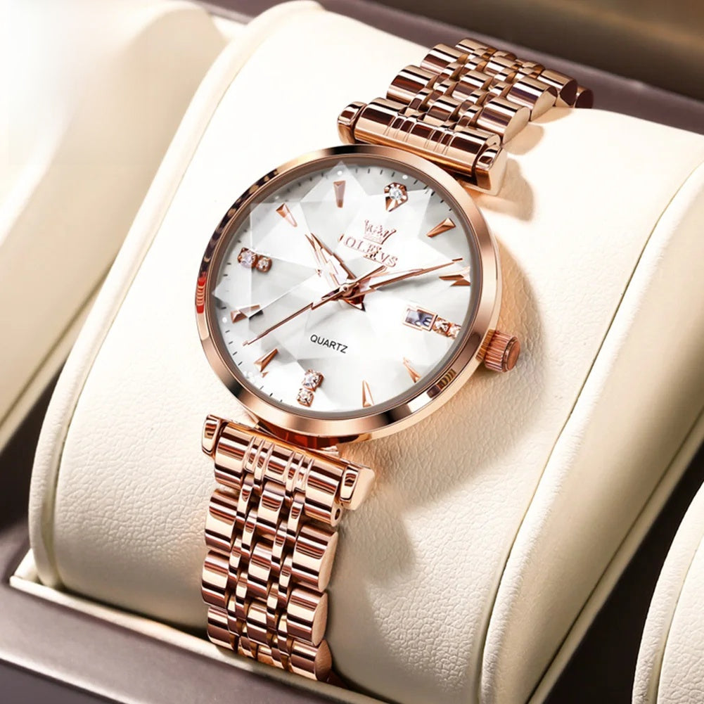 Women's Rose Gold Stainless Steel Watch Blue Dial Zircon