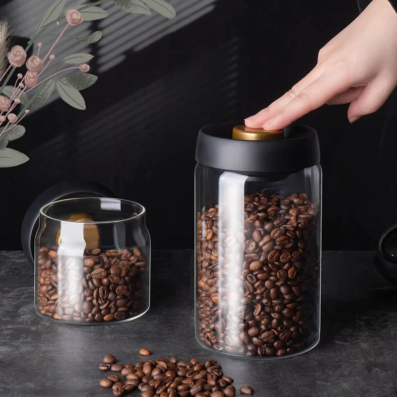 Vacuum Sealed Jug Set Black Coffee Beans Glass Airtight Canister Kitchen Food Grains Candy Keep Good Storage Jar Set Kitchen Gadgets Pi-Mart