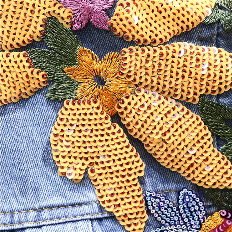 Autumn Denim Jacket Women Flowers Embroidery Sequins Jeans Coat Loose Long Sleeve Casual Student Short Clothes Streetwear H302 Purplish Diva