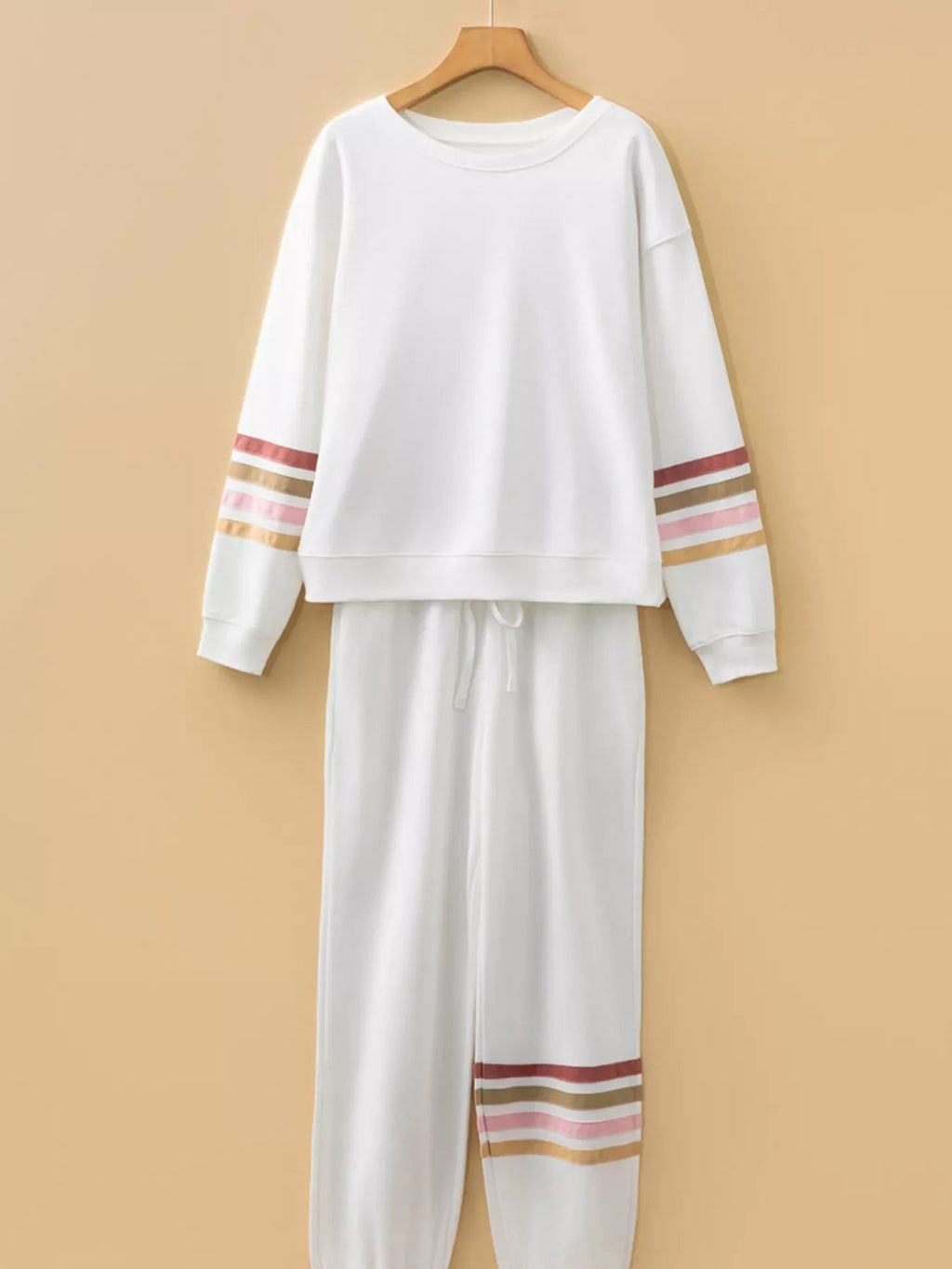 Striped Trim Round Neck Top and Pants Set THRIXINE