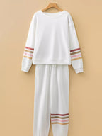 Striped Trim Round Neck Top and Pants Set THRIXINE